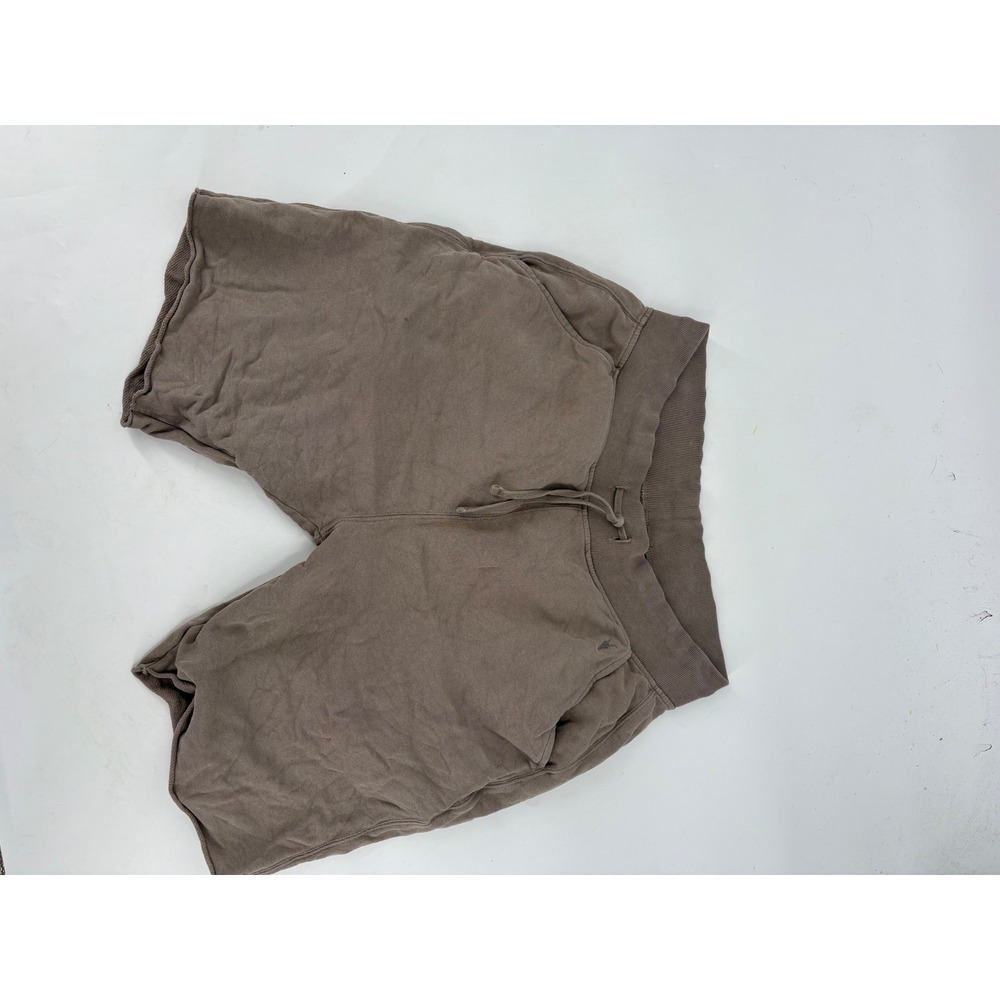 AllSaints Mens Raven Sweat Shorts Taupe Brown Ramskull Logo Raw Hem Size Medium - Picture 2 of 6